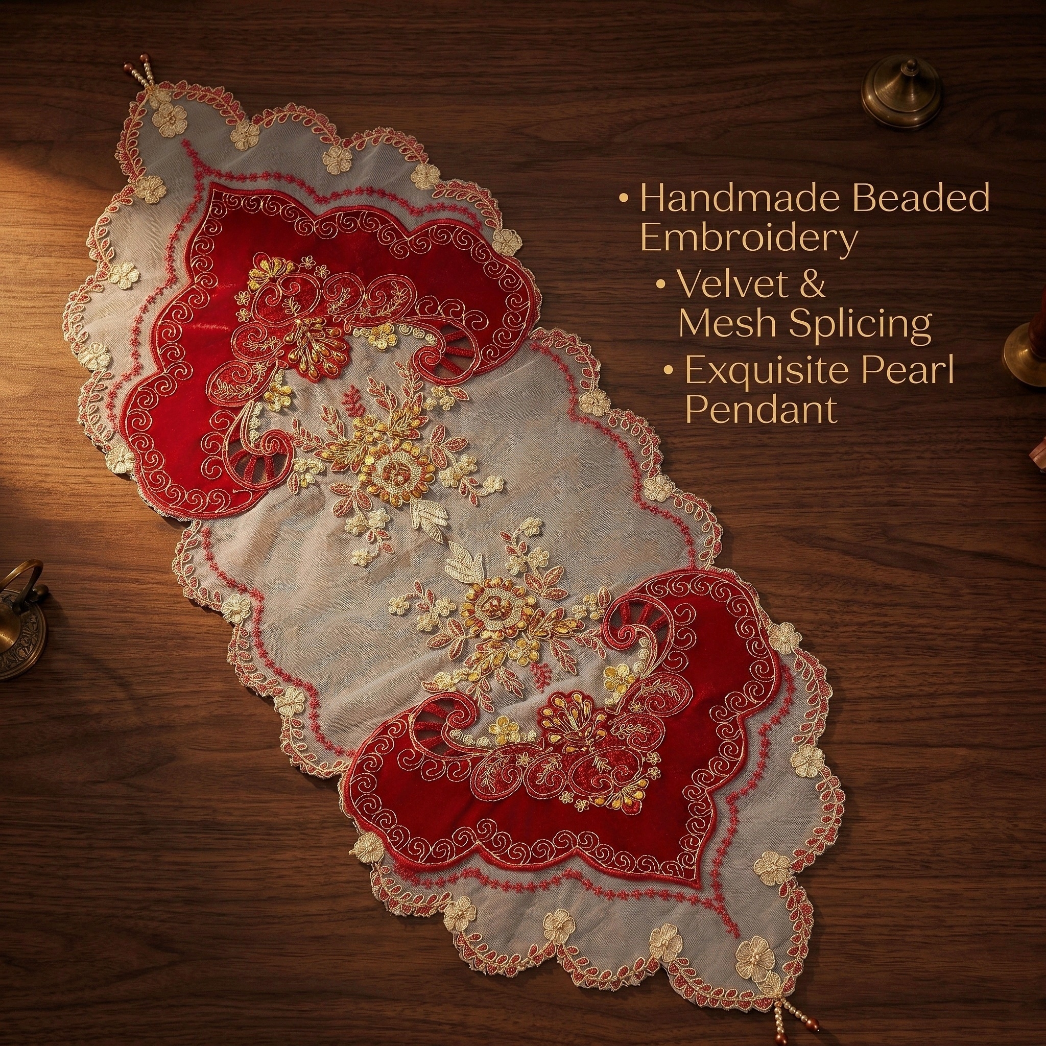 1pcs 40x100cm Red Velvet Table - Embroidery Xmas Designs incelemesi ve fiyatı
