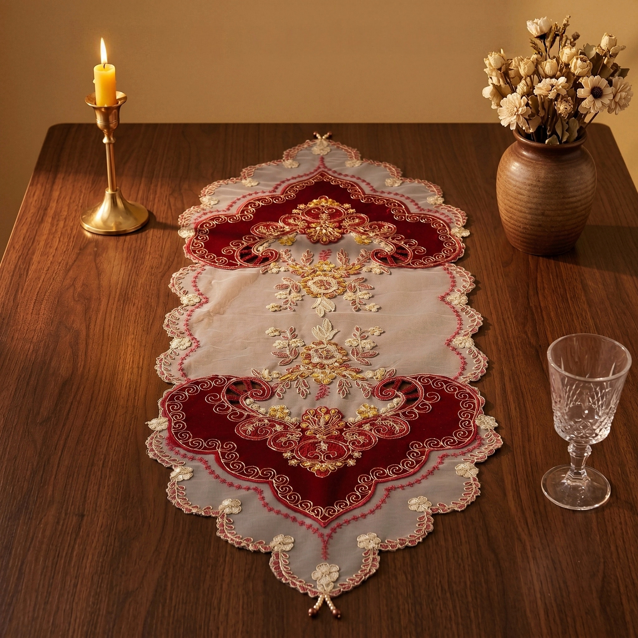 1pcs 40x100cm Red Velvet Table - Embroidery Xmas Designs incelemesi ve fiyatı